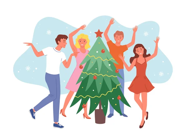 Happy friends dancing near Christmas tree, funny Christmas party at home, pretty girls and guys celebrating New year together. — Stockový vektor