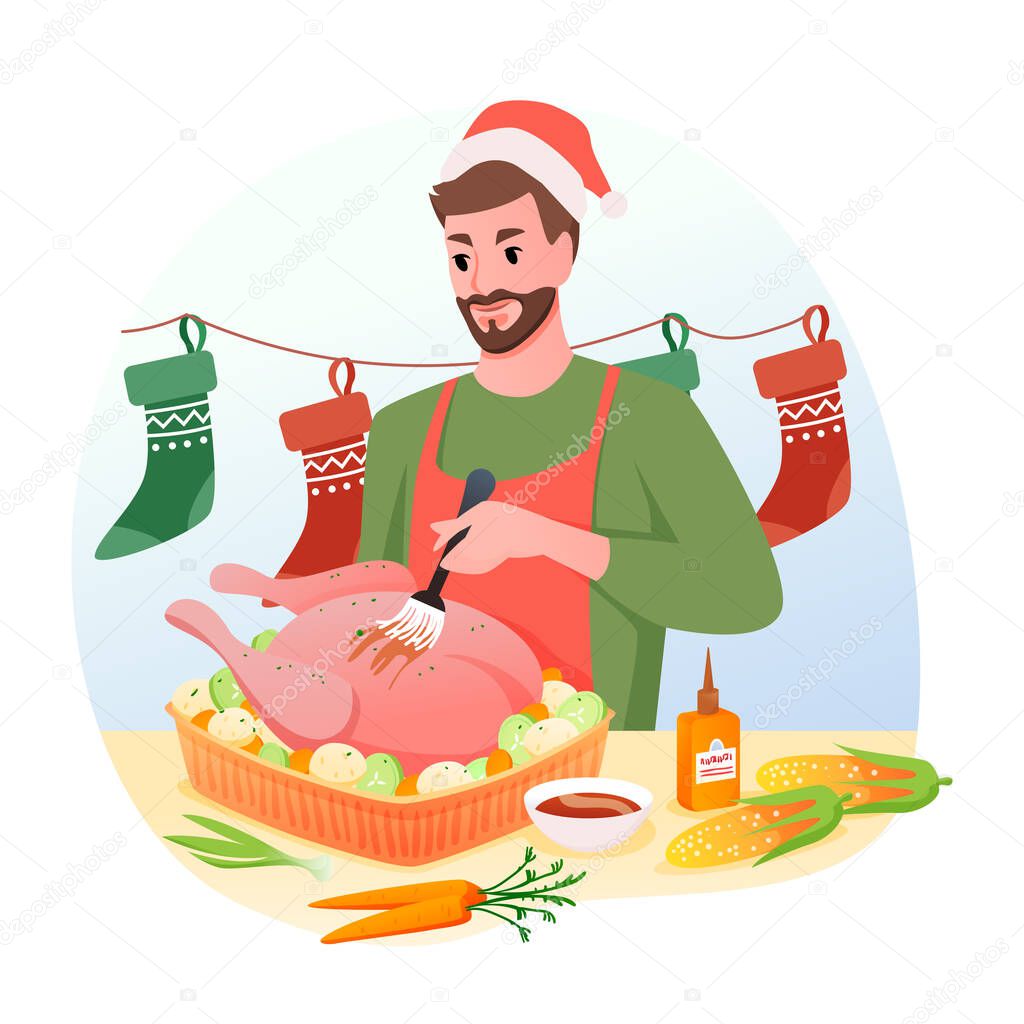 Man is cooking traditional Christmas turkey for dinner, Merry Christmas and winter holidays at home, flat cartoon style.