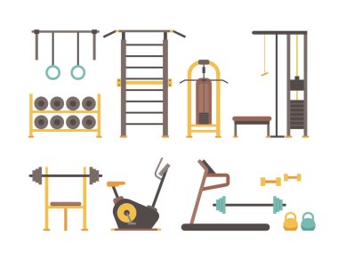 Vücut geliştirme eğitimi için spor malzemeleri karikatürü.