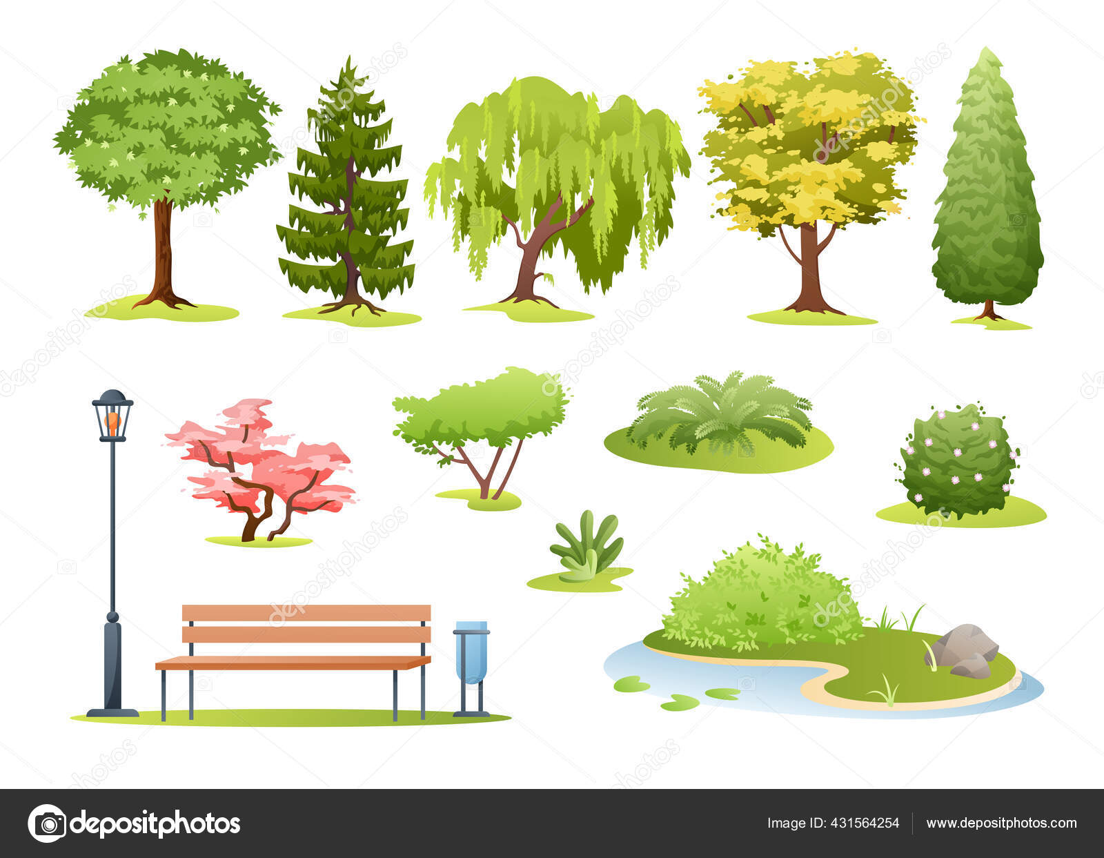Image vectorielle Illustration vectorielle des arbres forestiers et des  parcs. Dessin animé divers arbres feuillus verts d'été et à feuilles  persistantes, buissons avec des fleurs, fougère et banc en bois de parc, image size:1600x1243