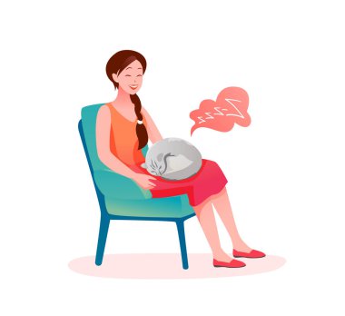 Şirin kedi genç kadın dizlerinin üstünde uyuyor, en iyi evcil hayvan arkadaşı, evcil kedi sahibi. Hayvan bakımı.