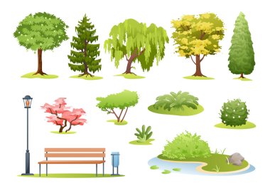 Forest and park trees vector illustration. Cartoon various green summer deciduous and evergreen trees, bushes with flowers, fern and park or garden wooden bench, landscape collection isolated on white clipart