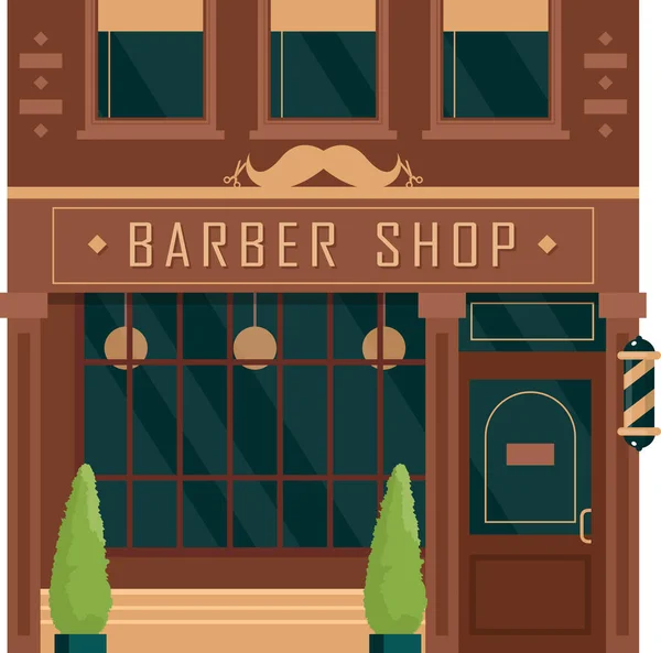 Edificio de la ciudad vintage fachada barbería vector ilustración. Dibujos animados casa exterior vista frontal hombres s salon. — Vector de stock