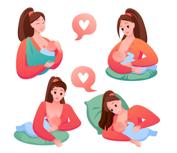Cartoon mother character feeding baby with milk from breast, happy woman holding newborn child and breastfeeds, support for motherhood isolated on white. Breastfeeding position vector illustration set
