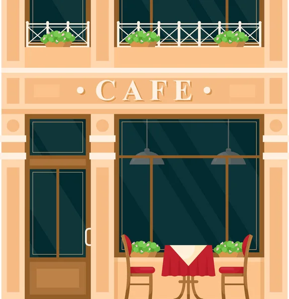 Vintage cafe house building facade vector illustration. Cartoon European city street with building green exterior, front entrance door, big windows and signboard restaurant background. — Stock Vector