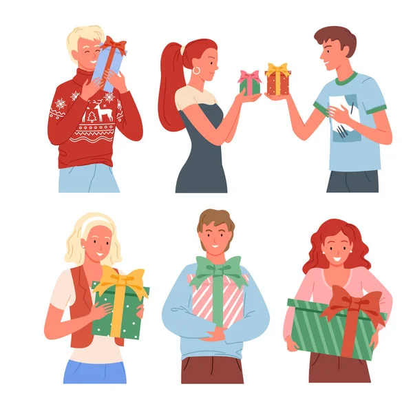 Ευτυχισμένοι άνθρωποι με Χριστουγεννιάτικα δώρα. Πρωτοχρονιάτικα δώρα, φίλοι με κουτιά δώρων. — Διανυσματικό Αρχείο