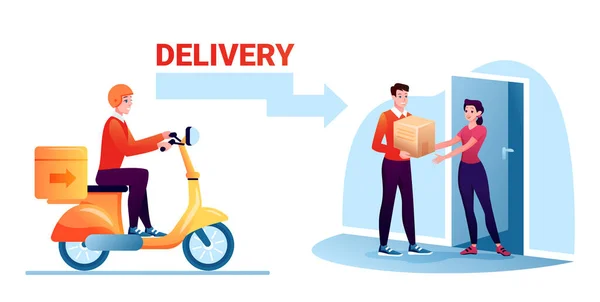 Cartoon koerier werknemer karakter leveren kartonnen postbus per spoor of scooter, postbode overhandigen bestelling pakket aan vrouw thuis deuropening. — Stockvector