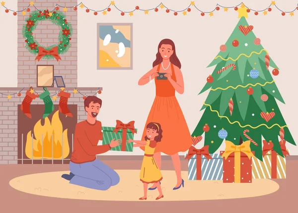 Noite de Natal em casa, Pai dá a filha um presente, pais felizes e criança celebrar o Natal, ficar em casa, Ano Novo e feriados de inverno. —  Vetores de Stock