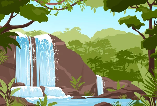 Paisagem da selva de cachoeira com cascata de rocha, córregos fluviais — Vetor de Stock