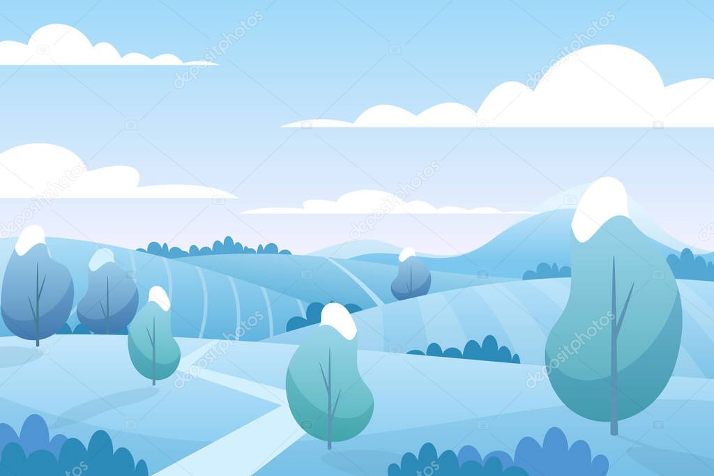 Christmas snow landscape in winter, snowy fields on hills