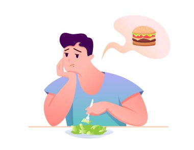 Üzgün şişman adam yeşil salata vektör çizimi yiyor. Çizgi film karakteri masada oturuyor, diyet sağlıklı yiyecekler yiyor, beyaz üzerine izole edilmiş sağlıksız bir burger hayal ediyor.