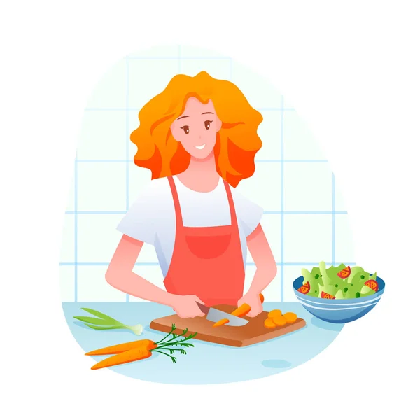 Giovane ragazza taglio carota, cottura insalata di verdure verdi — Vettoriale Stock