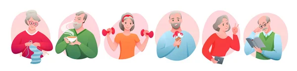 Activité pour personnes âgées avec avatars ronds de dessin animé — Image vectorielle