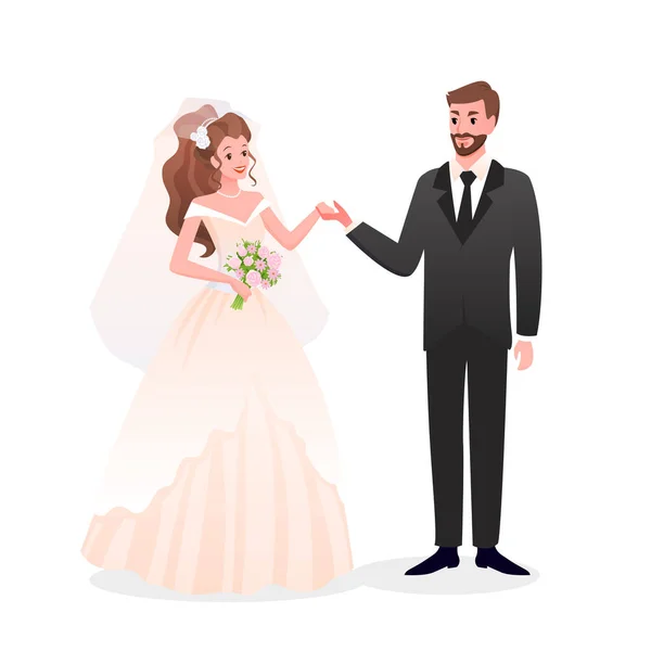 행복 한 남자 캐릭터들이 함께 서 있는 행복 한 남자 캐릭터들, 귀여운 로맨틱 한 신부와 신랑이 하얀 드레스만 입은 채로 축하 파티를 열고 있습니다. 부부간의 벡터 삽화. — 스톡 벡터