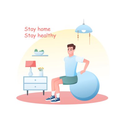 Genç adam evde topla spor egzersizleri yapıyor. Coronavirus salgını konsepti. Sağlıklı spor vektör çizimi için karantinada kalın..