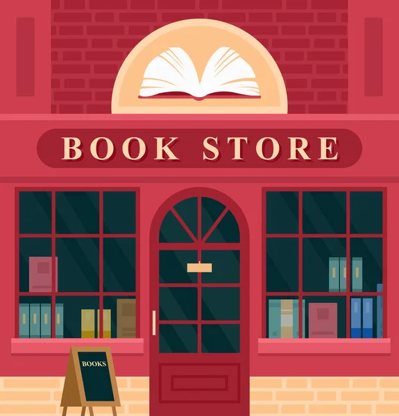 Векторная иллюстрация фасада винтажного книжного магазина. Карикатурный дом с книжным магазином, видом спереди и вывеской на фоне книжного магазина — стоковый вектор