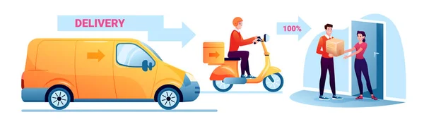 Servicio de entrega en línea, entrega caja por pista o scooter — Archivo Imágenes Vectoriales