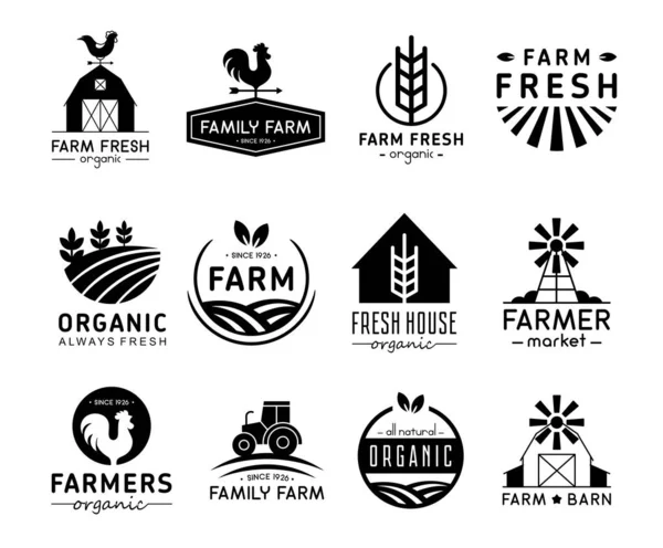 Conjunto de ilustración vectorial de logotipos y etiquetas de productos orgánicos. Logotipos de granja, colección de logotipos de alimentos frescos y saludables aislados sobre fondo blanco. — Vector de stock