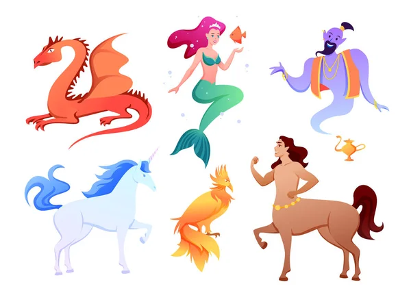 Conjunto de criaturas míticas de fantasia, coleção de mitologia dos desenhos animados — Vetor de Stock