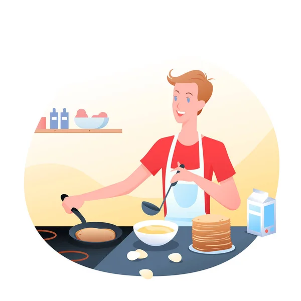 Молодой человек готовит блинчики на кухне, по утрам, блины на завтрак. Счастливый парень готовит блины, мультяшная плоская иллюстрация. — стоковый вектор
