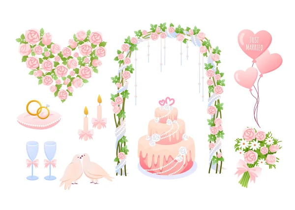 Coleção de decoração de casamento rosa dos desenhos animados com balões em forma de coração, anéis de jóias do noivo de noiva, pássaros pomba, bolo e buquê de flores decorativas. Elementos de casamento ilustração vetorial. — Vetor de Stock
