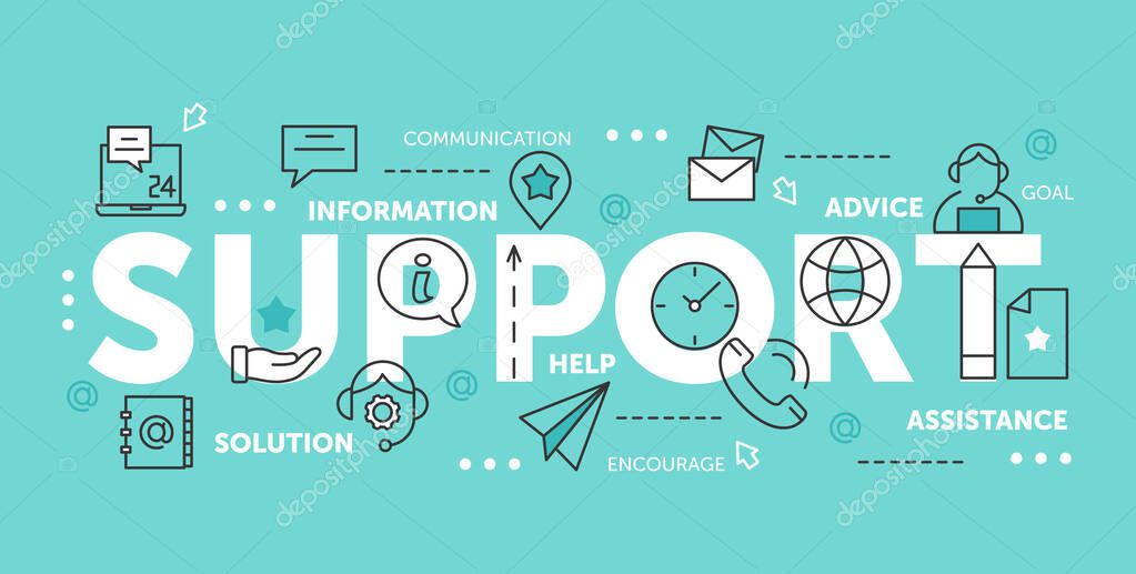 Thin line abstract web design for call center technical online help and assist with tech problems, mobile website banners. Support word vector illustration set