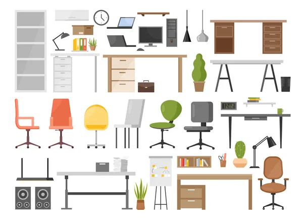 Oggetti d'arredo ergonomici Cartoon per interni moderni collezione di design con sedia e tavolo manager con laptop, lampada a sospensione, libreria isolata su bianco. Set illustrazione vettoriale mobili per ufficio. — Vettoriale Stock