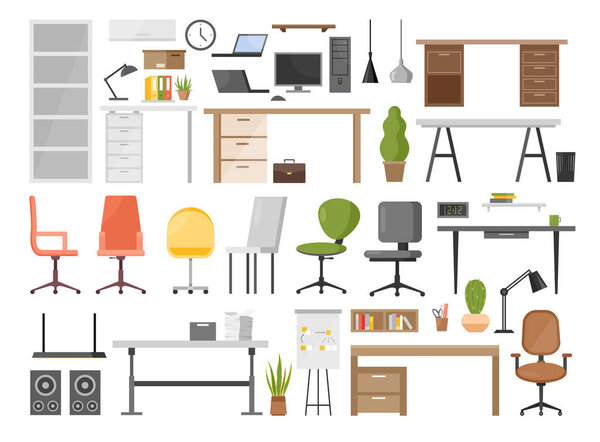 Objetos de decoración ergonómica de dibujos animados para la colección de diseño interior moderno con silla y mesa de gerente con ordenador portátil, lámpara colgante, librería aislada en blanco. Muebles de oficina vector ilustración conjunto. — Vector de stock