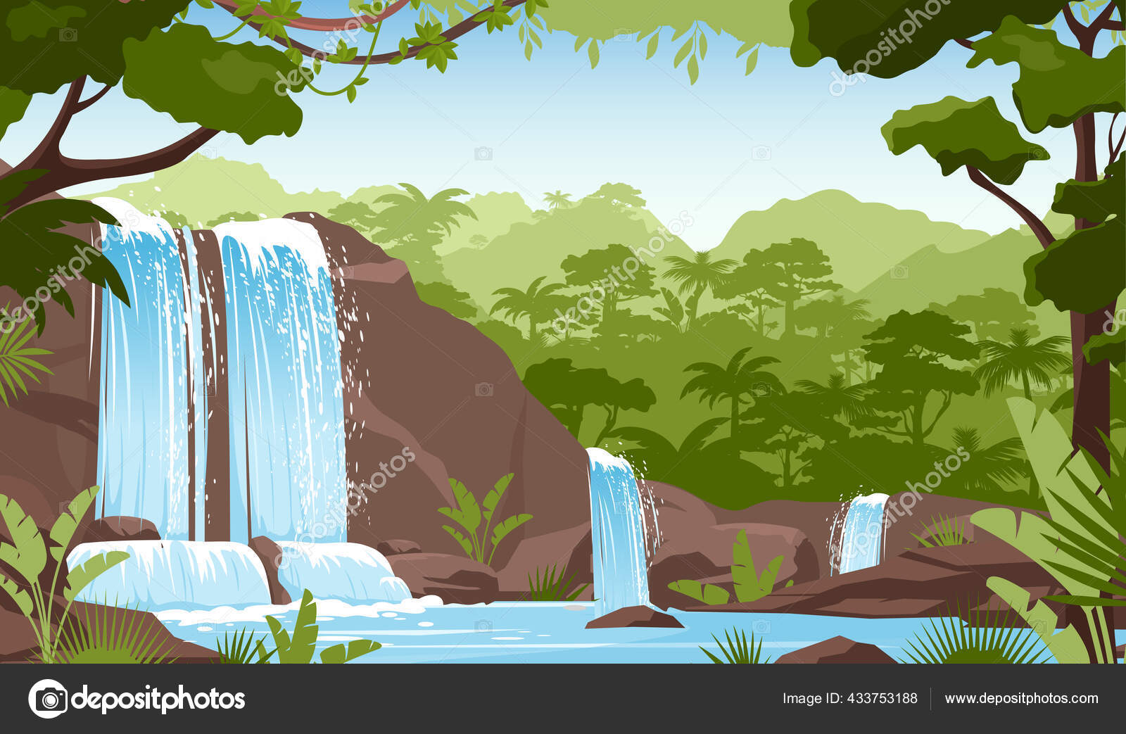 Cascada en selva verde selva tropical, vegetación fresca Vector de stock  #433753188 de ©Nataliia2910@gmail.com, image size:1600x1043