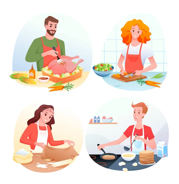 Personajes de mujer hombre de dibujos animados en delantales de chef cocinando ensalada de verduras verdes, pavo al horno, panqueques, haciendo masa para pan aislado en blanco. — Vector de stock