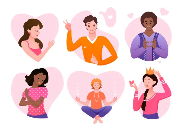 Αγάπη και φροντίδα τον εαυτό σας, σύνολο συλλογή avatars κινουμένων σχεδίων — Διανυσματικό Αρχείο