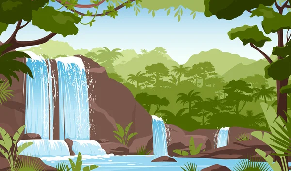 Vattenfall i grön djungel regnskog, färsk grönska — Stock vektor