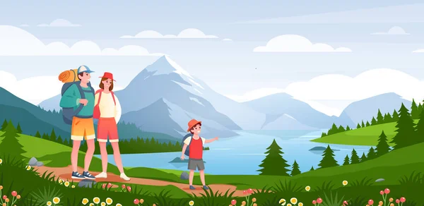 Familia en la aventura de la naturaleza, dibujos animados excursionistas felices personas disfrutan de paisajes naturales con lago de montaña — Vector de stock