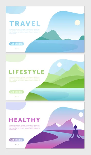 Dibujos animados estilo de vida saludable plana colección concepto viajero con lago de montaña escena natural, atleta activo corriendo, yogist haciendo yoga asana en la naturaleza. Conjunto de ilustración de actividad de viaje al aire libre. — Vector de stock