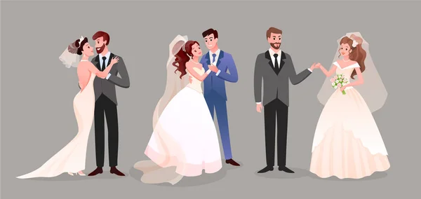 Boda boda pareja conjunto, lindo recién casados novia y novio — Vector de stock