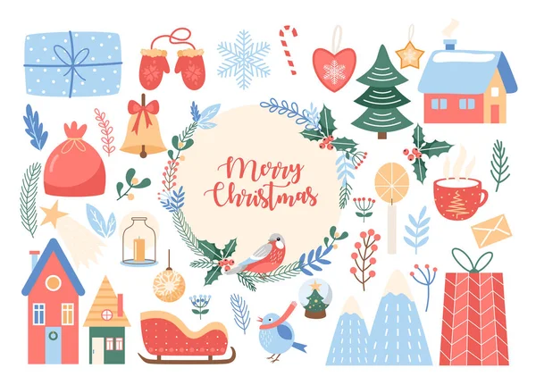 Frohe Weihnachten Grußkarte mit Kreis-Kranz-Dekoration — Stockvektor