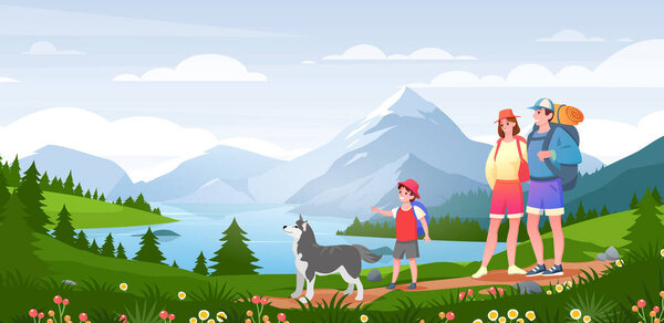 Family outdoor adventure activity, cartoon active happy people hiking, hikers walking with pet dog