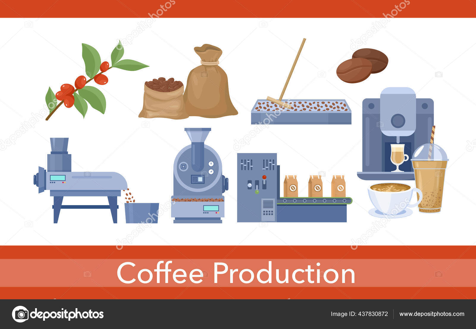 コーヒーの生産セット、収穫を選ぶ漫画のプロセス、コーヒー製品を乾燥　ストックベクター　—　437830872
