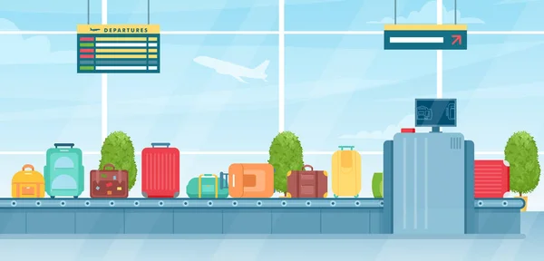 Reiskoffers op bagageband in luchthaventerminal, bagage van passagiers — Stockvector