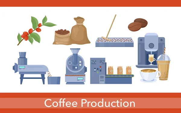 Set di produzione del caffè, processo di raccolta dei cartoni animati, essiccazione del prodotto del caffè — Vettoriale Stock