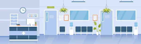 Hospital sala de recepción clínica interior, caricatura moderno pasillo médico vacío con banco — Vector de stock