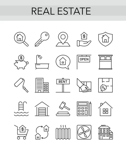 Ícone de linha fina imobiliária definido para consultoria de agência de realty — Vetor de Stock