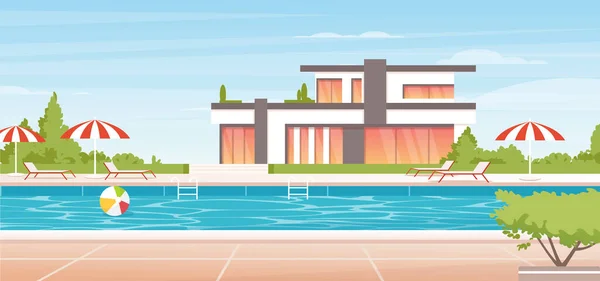 水スイミングプール夏休みの風景、漫画のない人の豪華なプールサイド — ストックベクタ