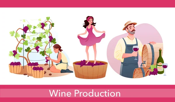 Producción de vino en bodega tradicional con personajes producen bebida alcohólica natural — Vector de stock