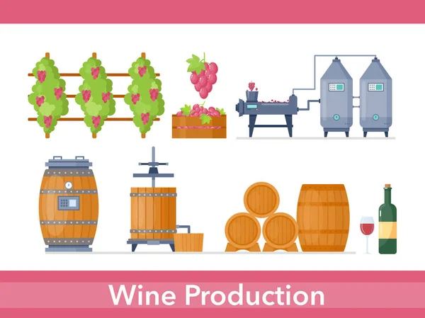 Wine production process in winery factory manufacture set, cartoon processing line — Stock Vector