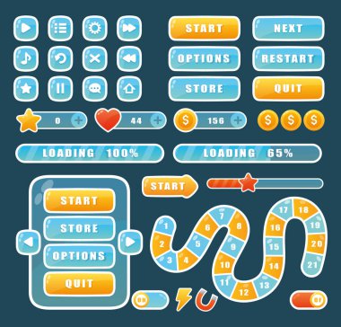 Çizgi film navigasyon uygulaması menü ögeleri, video oyunu oynamak için parlak düğmeler, ilerleme çubuğu, ok ve pencere gui tasarımı farklı renkte. Mobil kullanıcı oyunu ui arayüzü için düğmeler.