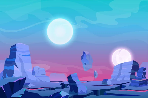 Cartoon fantasie natuur panorama landschap met paarse rotsen land reliëf, satellieten planeten in blauwe kosmos hemel. Buitenaardse planeet landschap vector illustratie. Game ontwerp galaxy ruimte fantastische achtergrond. — Stockvector