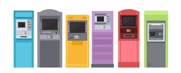 Máquina de banco de caixa eletrônico para pagamento, conjunto de ilustração de vetor de terminal de rua. Cartoon equipamento bancário colorido com slots para cartão de crédito e moeda, teclado para inserir senha de código do pino isolado no branco. — Vetor de Stock