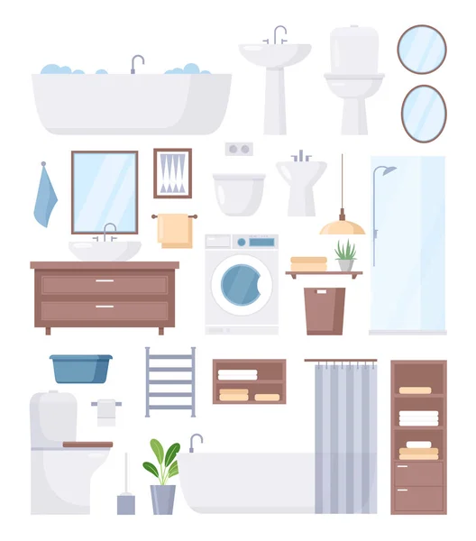 Badrumsmöbler set, tecknade sanitära hygienartiklar av tvättrum eller toalett — Stock vektor