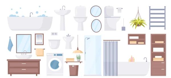 Muebles de higiene sanitaria de dibujos animados de la colección de baños con bañera ducha cabina lavabo inodoro espejo grifo lavadora aislada en blanco. Muebles de baño vector ilustración conjunto. — Archivo Imágenes Vectoriales